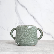 Load image into Gallery viewer, The Leaferie Naoki green plant pot with 2 handles. ceramic material. front view and size
