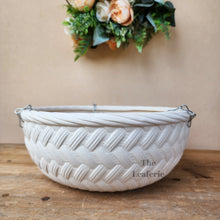 Load image into Gallery viewer, Deima white hanging plant pot. with metal chain. front view weave design
