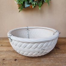 Load image into Gallery viewer, Deima white hanging plant pot. with metal chain. front view weave design
