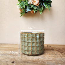 Load image into Gallery viewer, The Leaferie Creidna green ceramic plant pot. front view size
