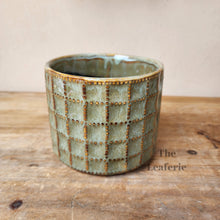 Load image into Gallery viewer, The Leaferie Creidna green ceramic plant pot. front view close up
