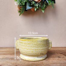 Load image into Gallery viewer, The Leaferie Caiomhe pot. yellowe shallow ceramic plant pot. front view. size
