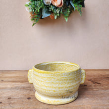 Load image into Gallery viewer, The Leaferie Caiomhe pot. yellowe shallow ceramic plant pot. front view
