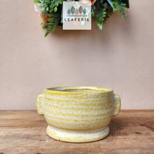 Load image into Gallery viewer, The Leaferie Caiomhe pot. yellowe shallow ceramic plant pot. front view
