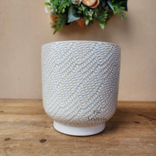 Load image into Gallery viewer, The Leaferie Bronagh Plant pot. ceramic white and orange pot . front view of design A
