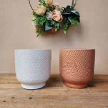 Load image into Gallery viewer, The Leaferie Bronagh Plant pot. ceramic white and orange pot . front view
