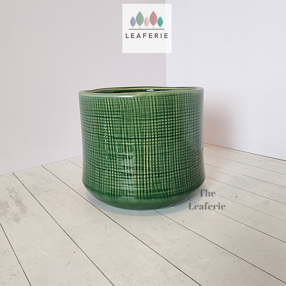 The Leaferie Macha green ceramic pot.