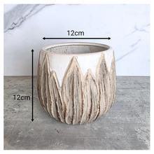 Load image into Gallery viewer, Rowan ceramic planters with textured design on a gray surface, branded 'LEAFERIE'.
