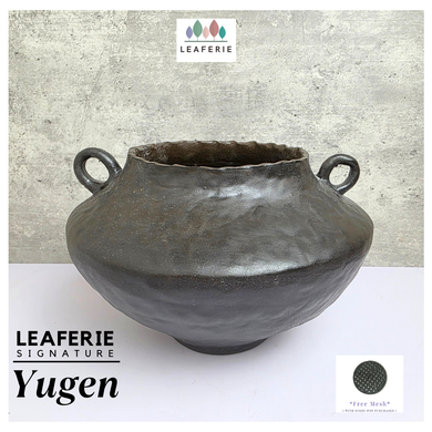 Leaferie SIgnature Black ceramic Flowerpot with handles on a white surface, branded 'Leaferie'.