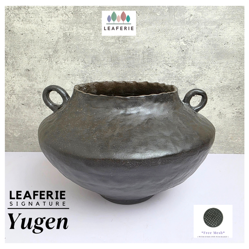 Leaferie SIgnature Black ceramic Flowerpot with handles on a white surface, branded 'Leaferie'.