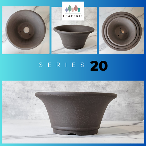 The Leaferie Bonsai plant pots Series 20. Material Zisha 3 sizes . Front view of all sizes