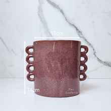 Load image into Gallery viewer, The Leaferie Juro red planter with many handles. ceramic material front view of pot and size
