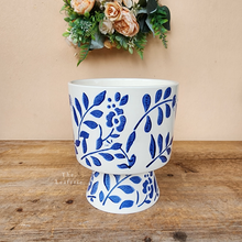Load image into Gallery viewer, The Leaferie Liban plant pot . blue and white vase. front view
