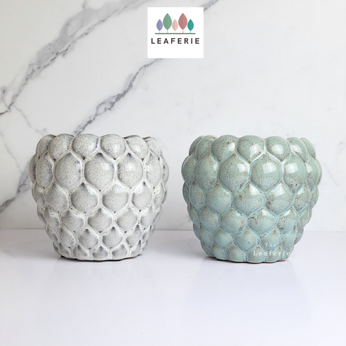 The Leaferie Nani ceramic pot. 2 colours. grey and green. front view of pot