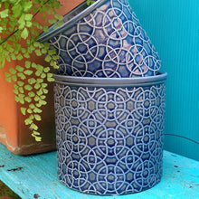 Load image into Gallery viewer, The Leaferie The Leaferie Milos blue plant pot. ceramic coin design. 
