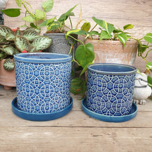 Load image into Gallery viewer, The Leaferie The Leaferie Milos blue plant pot. ceramic coin design. 
