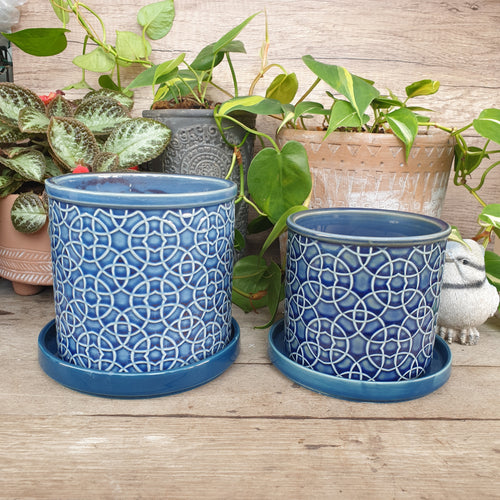 The Leaferie The Leaferie Milos blue plant pot. ceramic coin design. 