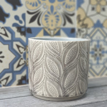 Load image into Gallery viewer, The Leaferie Elmeri plant pot. leaf imprint ceramic pot with 2 colours grey and white. front view of grey
