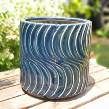 Load image into Gallery viewer, The Leaferie Imperial blue ceramic pot. with waves
