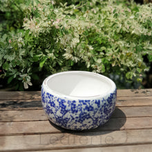 Load image into Gallery viewer, The Leaferie Fira shallow pot. white and blue ceramic pot. top view
