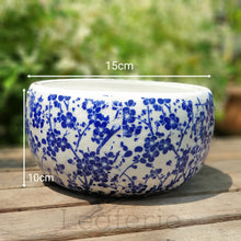 Load image into Gallery viewer, The Leaferie Fira shallow pot. white and blue ceramic pot. front view and size
