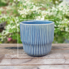 Load image into Gallery viewer, The Leaferie Amorgos blue ceramic pot. front view. measurement
