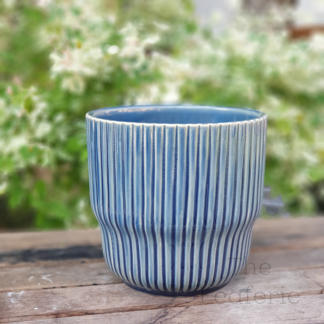 The Leaferie Amorgos blue ceramic pot. front view