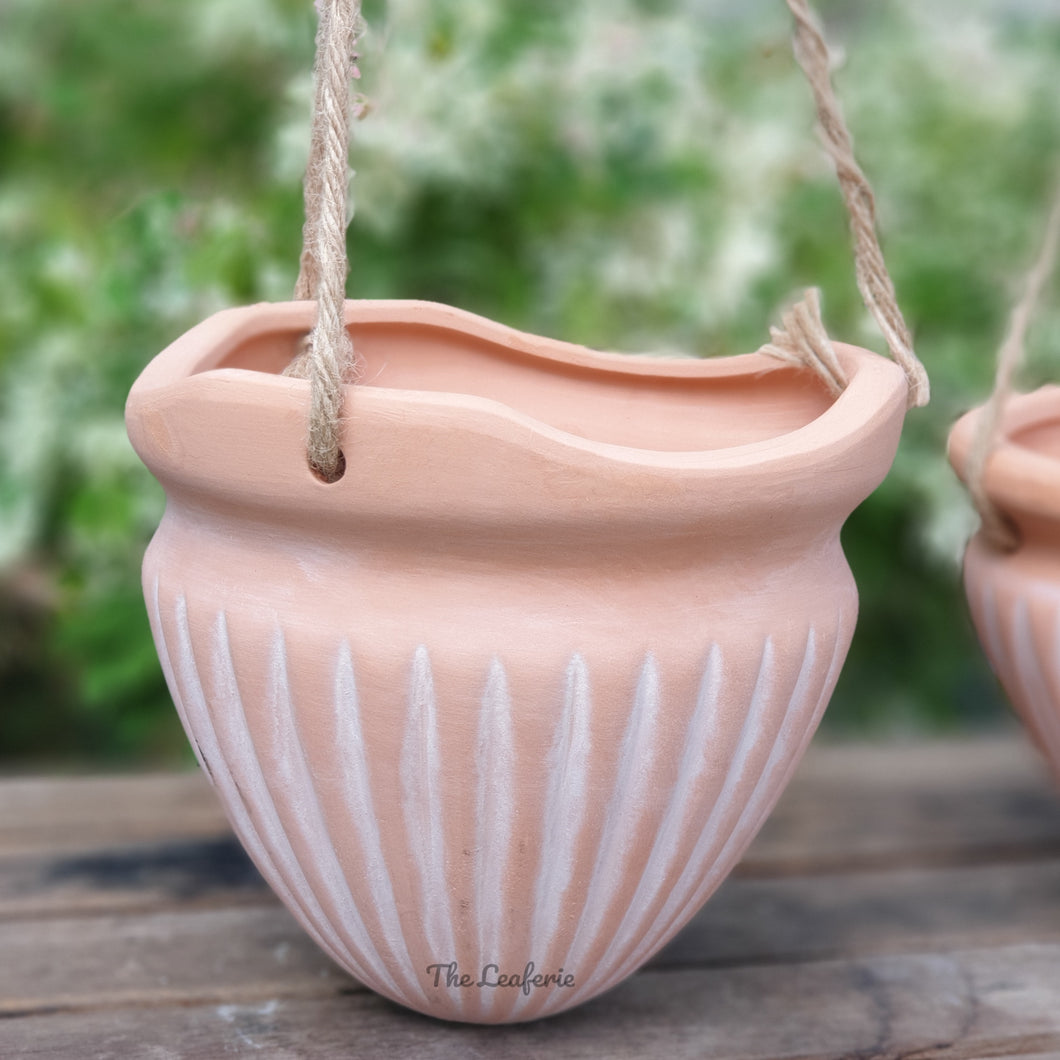 The Leaferie Lyon terracotta hanging pots series 3 . 5 designs