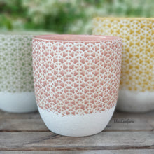 Load image into Gallery viewer, The Leaferie Denali ceramic flowerpot. 3 colours  green, pink and yellow. front view of pink mini
