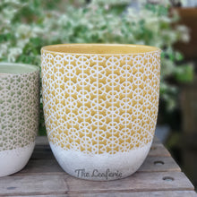 Load image into Gallery viewer, The Leaferie Denali ceramic flowerpot. 3 colours  green, pink and yellow. front view of yellow maxi
