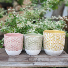 Load image into Gallery viewer, The Leaferie Denali ceramic flowerpot. 3 colours  green, pink and yellow. front view 
