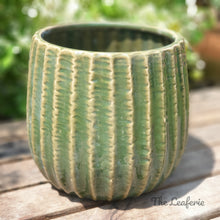 Load image into Gallery viewer, The Leaferie Batura Green ceramic pot. front view. close up
