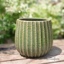 Load image into Gallery viewer, The Leaferie Batura Green ceramic pot. front view. close up
