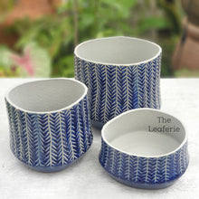 Load image into Gallery viewer, The Leaferie Atlantis plant pot. front view. Blue ceramic pot. 3 Design
