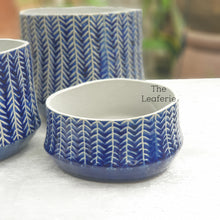 Load image into Gallery viewer, The Leaferie Atlantis plant pot. front view. Blue ceramic pot. Design C
