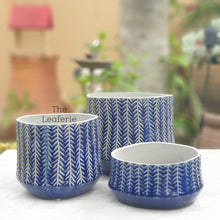 Load image into Gallery viewer, The Leaferie Atlantis plant pot. front view. Blue ceramic pot. 
