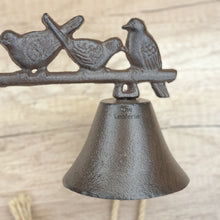 Load image into Gallery viewer, The Leaferie Cast Iron door bell. side view. close up of birds
