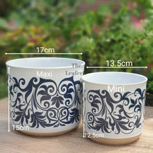 Load image into Gallery viewer, The Leaferie Asti Flowerpot . Front view of planter. Blue fllowery design. Measurement
