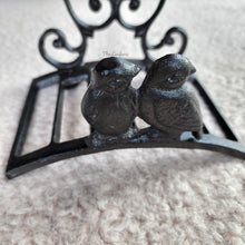 Load image into Gallery viewer, The Leaferie cast iron water hose holder. front view and close up of birds

