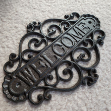 Load image into Gallery viewer, The Leaferie Cast Iron HOME welcome sign. side view
