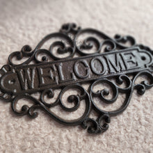 Load image into Gallery viewer, The Leaferie Cast Iron HOME welcome sign. front view
