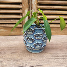 Load image into Gallery viewer, The Leaferie Baden plant pot . blue ceramic planter. front view with plant
