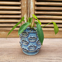 Load image into Gallery viewer, The Leaferie Baden plant pot . blue ceramic planter. front view with plant close up
