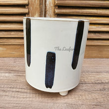 Load image into Gallery viewer, The Leaferie Berg plant pot. ceramic flowerpot with blue stripes . front view. close up
