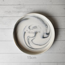 Load image into Gallery viewer, The Leaferie Marbled like round ceramic trays. 6 designs. white marble . top view of size 15cm

