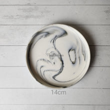 Load image into Gallery viewer, The Leaferie Marbled like round ceramic trays. 6 designs. white marble . top view of size 14cm
