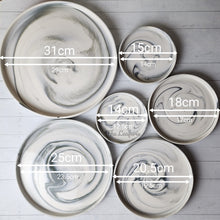 Load image into Gallery viewer, The Leaferie Marbled like round ceramic trays. 6 designs. white marble . top view and size
