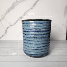 Load image into Gallery viewer, The Leaferie Armel plant pot. front view . blue colour planter. measurement
