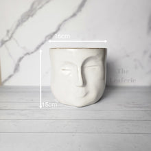 Load image into Gallery viewer, The Leaferie Faustine face white ceramic pot. front view and size
