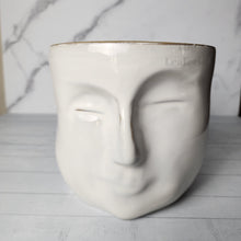 Load image into Gallery viewer, The Leaferie Faustine face white ceramic pot. front view close up

